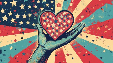 Obraz premium Heartwarming American Pride: Patriotic Poster with Heart in Hand and USA Flag, Stars, and Stripes Background