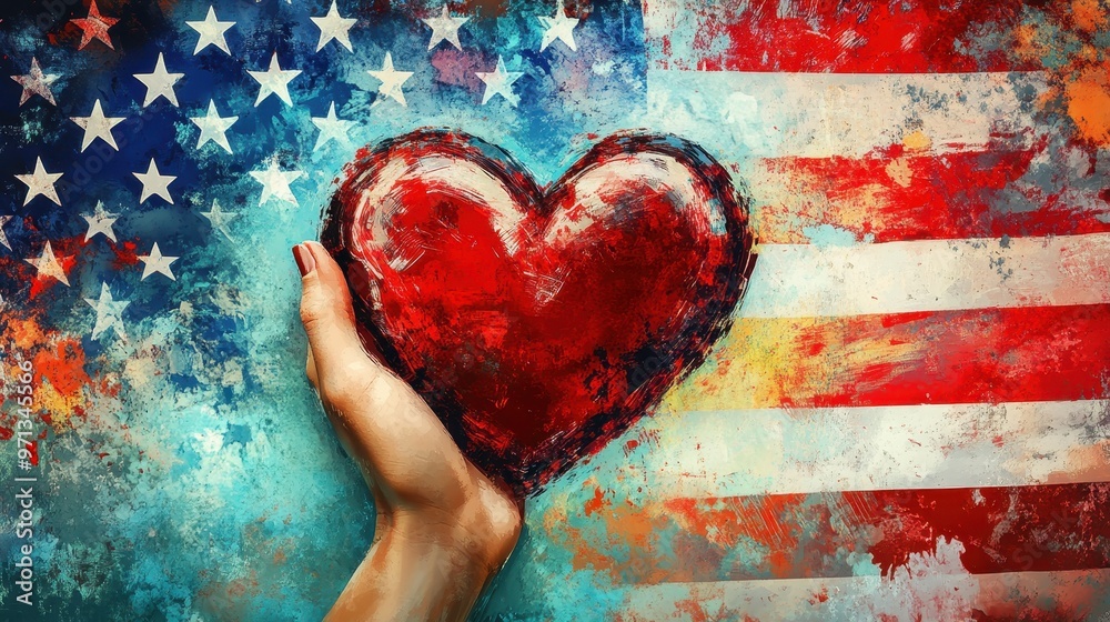 Wall mural United We Stand - Heartwarming Patriotic Poster with Hand Holding Heart-shaped American Flag