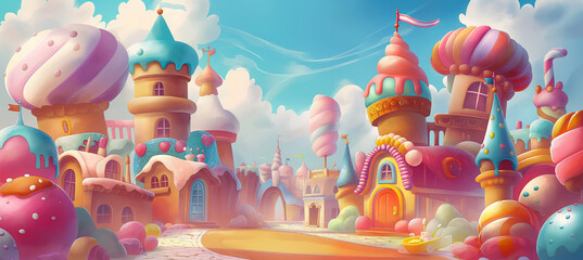 The Candy city with cake castle, houses cakes, game background, Illustration