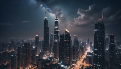 Obraz premium A bustling city skyline with modern high-rise build