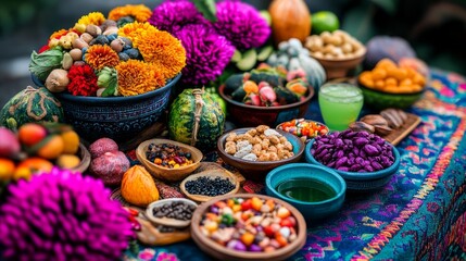 A vibrant display of fresh fruits, nuts, and colorful flowers arranged artistically on a table, showcasing abundant nature's treasures.
