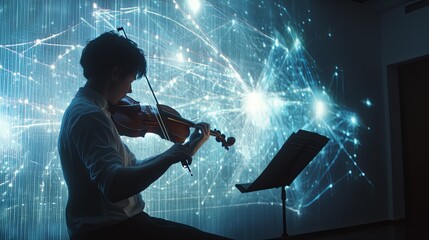 Silhouette of Violinist Performing Under Blue Light