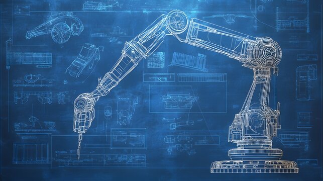 Blueprint of an industrial robotic arm design.