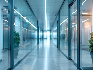 Beautiful architecture design of corridor hall in modern indoor interior workplace office hospital with glass window partition, blurred meeting open room inside with light center building department