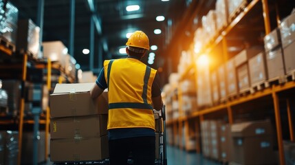 Warehouse worker transporting boxes in a large storage facility. Efficient logistics and organization are essential for success.