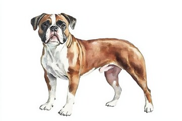 Obraz premium A charming watercolor illustration of a standing dog with a distinctive brown and white coat, showcasing its proud demeanor.