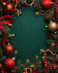 Festive arrangement of Christmas decorations with greenery, red ornaments, and gold stars on a teal background ready for holiday celebration