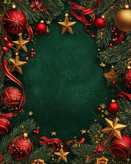 Festive Christmas decorations with red and gold ornaments arranged on a deep green background for holiday celebrations