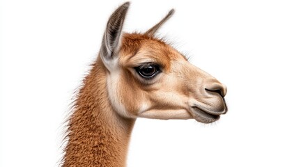 Obraz premium A close-up portrait of a guanaco, showcasing its expressive features and soft fur texture against a white background.
