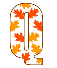 Autumn letter Q design on plain white transparent isolated background for card, shirt, hoodie, sweatshirt, apparel, tag, mug, icon, poster or badge