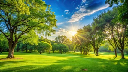 Obraz premium Vibrant sunny day in the park with lush green grass and trees