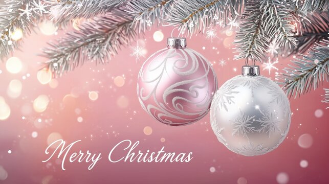 Delicate pink and white Christmas ornaments hung on a snowy pine branch, capturing the festive spirit of the holiday season