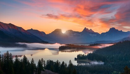 Obraz premium Beautiful scenery of a tranquil mountain range at sunrise, with mist gently rolling over the peaks and a serene