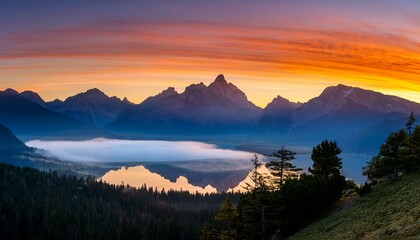 Fototapeta premium Beautiful scenery of a tranquil mountain range at sunrise, with mist gently rolling over the peaks and a serene