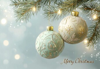 Elegant Christmas ornaments hanging from a snow-laden evergreen branch with a soft blue background and shimmering lights