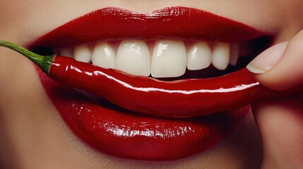 Naklejka premium Close-up of red lips biting a spicy chili pepper