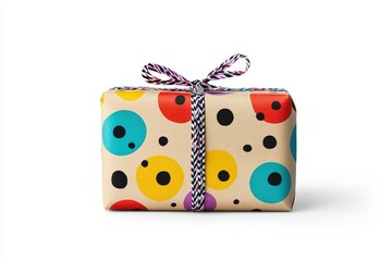 A colorful gift package with polka dots and a decorative ribbon, perfect for celebrations and special occasions.