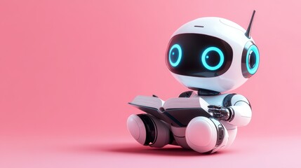 3D chat bot. Robot sits and reads books on pastel background