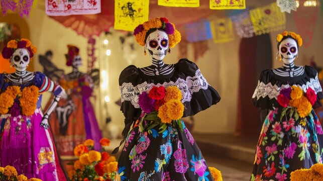 Colorful dia de los muertos celebrations with traditional catrinas in vibrant attire