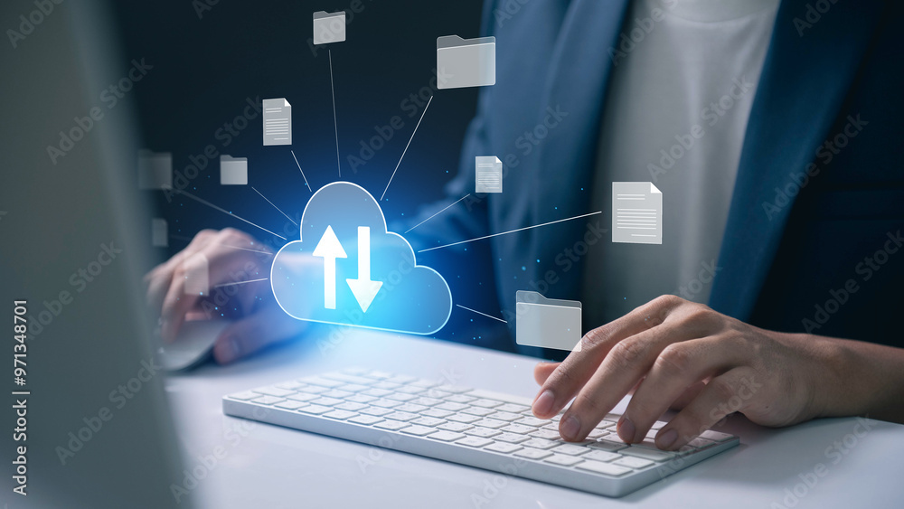 Poster Cloud computing and data management services offer cutting-edge storage and backup solutions, enhancing network security and internet connectivity for seamless business operations and online access.