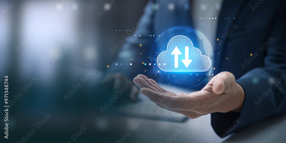 Poster cloud technology with digital data transfer, person holding a cloud icon with upload and download ar
