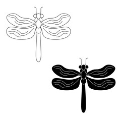  dragonfly Vector. Isolated object on white background. Silhouette flat illustration. Line art.

