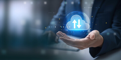 Cloud Technology with Digital Data Transfer, Person holding a cloud icon with upload and download...