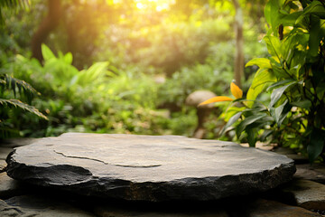 Fototapeta premium Stone podium on rock platform 3d illustration, grey rock pedestal for a product display stand, green forest and blurr grass field backdrop meadow mountain for product stand display, advertising or etc