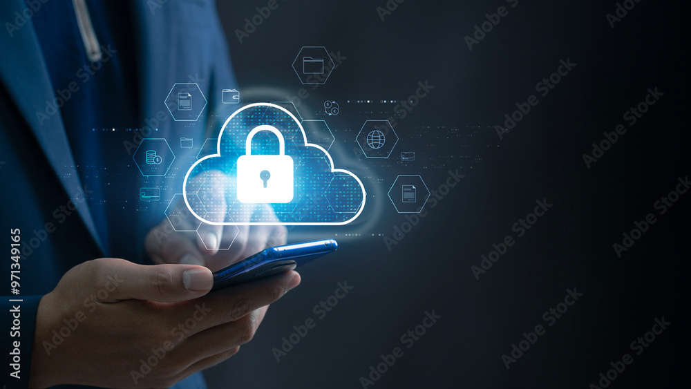 Leinwandbilder Cloud Security and Mobile Data Protection. Person using a smartphone with secure cloud icons, emphasizing cloud security, data protection, and safe document handling in mobile finance.