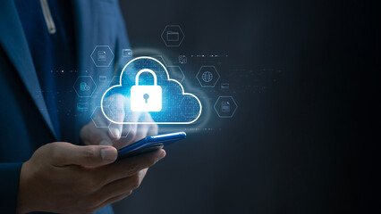 Cloud Security and Mobile Data Protection. Person using a smartphone with secure cloud icons, emphasizing cloud security, data protection, and safe document handling in mobile finance.