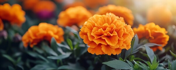 Vibrant orange marigold flowers bloom in a sunny garden, showcasing their delicate petals and lush green foliage.