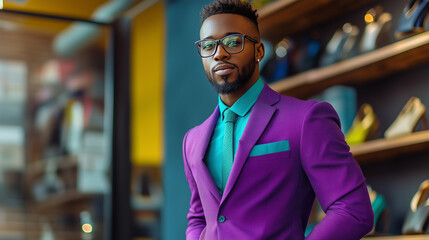 Obraz premium A young man in a stylish purple suit with a teal shirt and tie stands confidently in a modern store, looking professional and poised