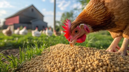 A laying hen pecking at grain in a free-range outdoor farm, surrounded by green grass and other hens, with a farmhouse in the distance.