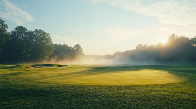A serene shot of an empty golf course at sunrise, with perfectly cut fairways and a mist rising from a nearby water hazard.