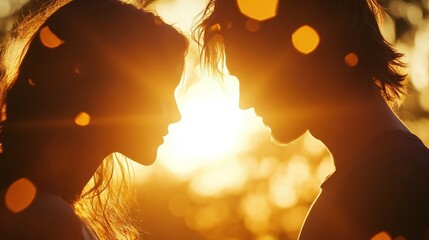 Soft glowing loving gaze between two people under a warm sunset sky their faces gently illuminated by golden light romantic and serene atmosphere
