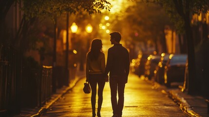 Capturing the loving gaze of a couple walking hand in hand through a quiet street bathed in the soft glow of streetlights late evening serenity
