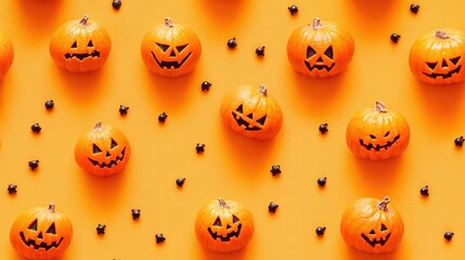 Obraz premium Halloween pumpkins displayed on an orange background. Generative AI