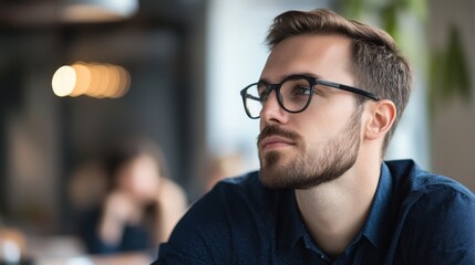 Millennial businessman in a modern office setting attentively listening to colleagues during a meeting collaborative decision-making process team discussion professional attire natural lighting