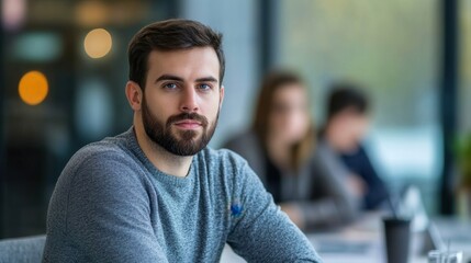 Millennial businessman in a modern office setting attentively listening to colleagues during a meeting collaborative decision-making process team discussion professional attire natural lighting