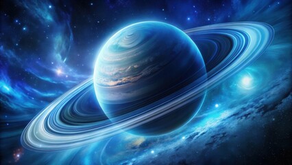 Striking blue gas planet with rings and swirling patterns in deep space