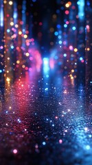 Colorful abstract bokeh lights reflecting on wet surface with vibrant tones ideal for modern art use and digital backgrounds creating a festive atmosphere and dreamy mood