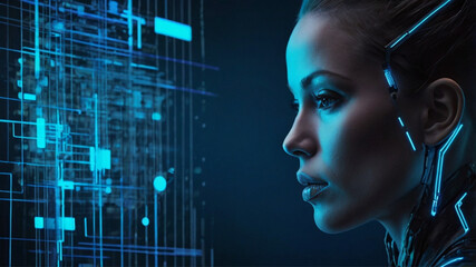 The image shows the profile of a cyber girl looking at a digital interface with blue glowing lines and blocks, hinting at the theme of futuristic technology.
