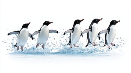Obraz premium A group of playful penguins splashes through the water, showcasing their lively antics and unique charm in a vibrant scene.