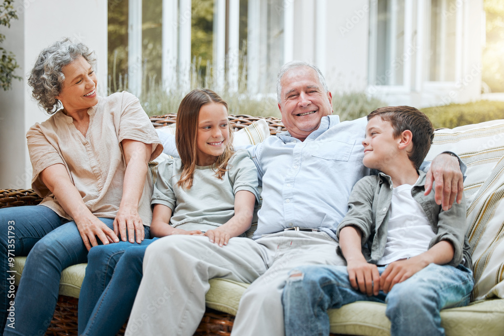 Poster Grandparents, kids and happy in patio on sofa at home for bonding, support and care in England. People, family and outside with smile in portrait on visit as babysitter for break, relax and rest