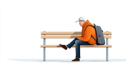 A man sitting on a bench, wearing an orange jacket and backpack, lost in thought against a minimalist white background.