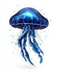 Fototapeta premium A mesmerizing blue jellyfish floats gracefully, surrounded by bubbly water, showcasing its ethereal beauty in a vibrant aquatic scene.