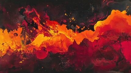 Vivid abstract color eruption in deep reds and fiery oranges, contrasted with a dark backdrop