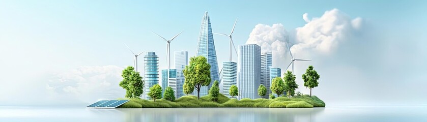 Obraz premium 3D cartoon characters expanding a city with eco-friendly skyscrapers, wind turbines, and solar farms, symbolizing green investment