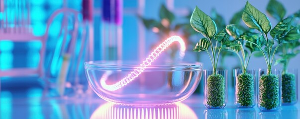 Futuristic laboratory scene with plants, glowing tube, and test tubes showcasing innovation in biotechnology and plant science.