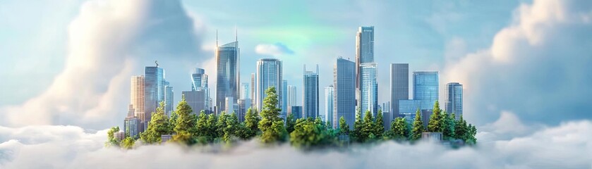 Fototapeta premium 3D cartoon city skyline made of trees and plants, with a glowing green logo in the sky, showcasing sustainable urban branding